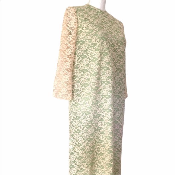 Vintage 60's Cream Lace Over Green Shift Dress Medium - Picture 8 of 13